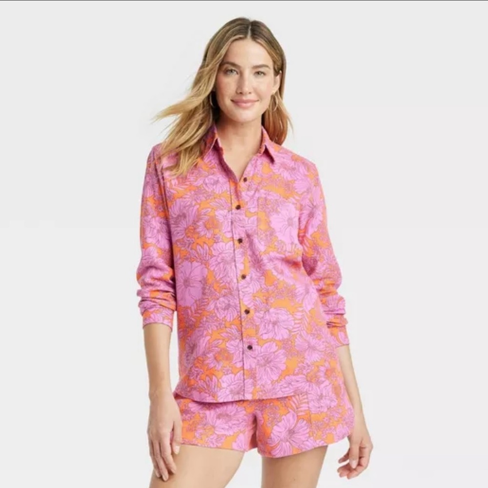 Floral Linen Shirt Button Up Pink Orange